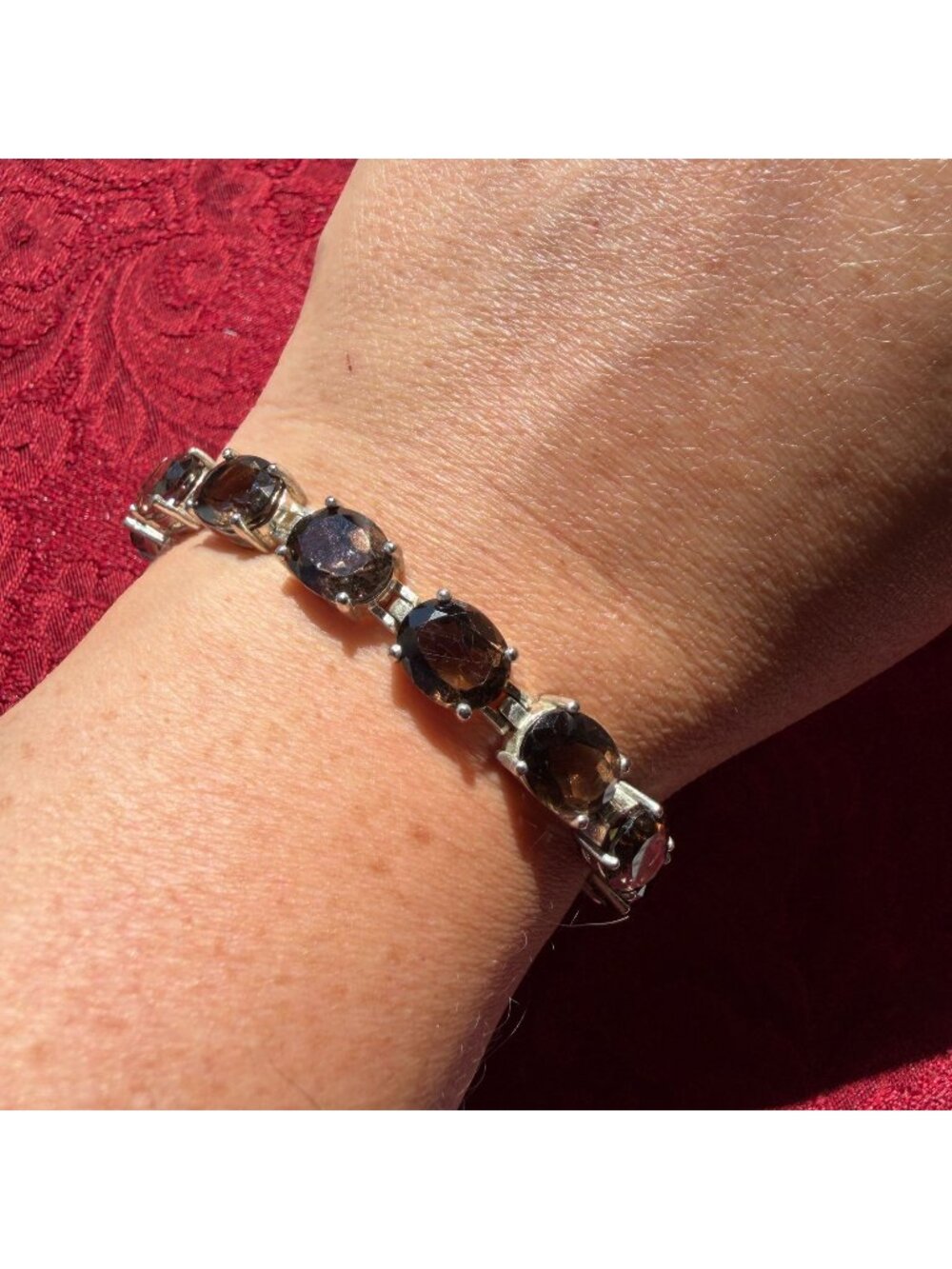 Vintage 925 Sterling Silver Smoky Quartz Tennis Bracelet Oval Cut Link Statement
